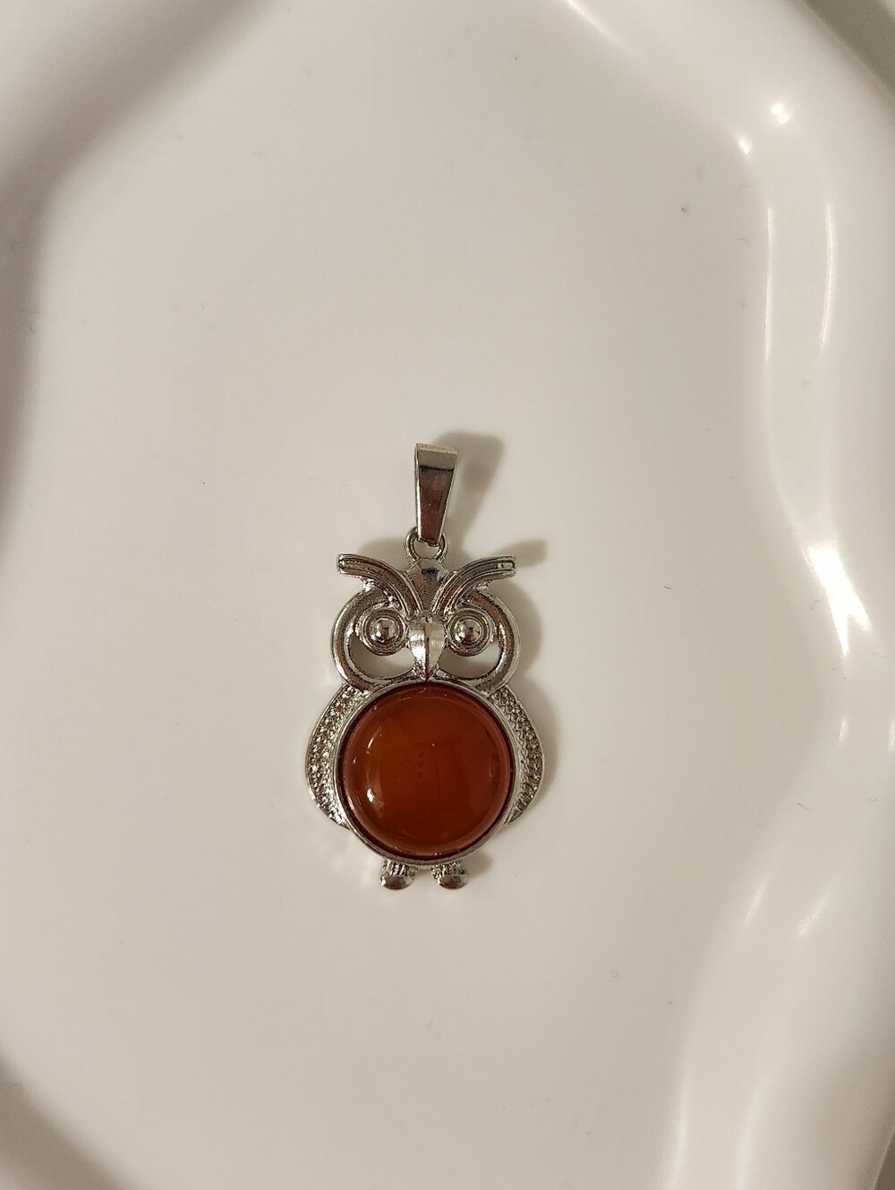 Silver Owl Pendant For Necklace with Brown Gemstone